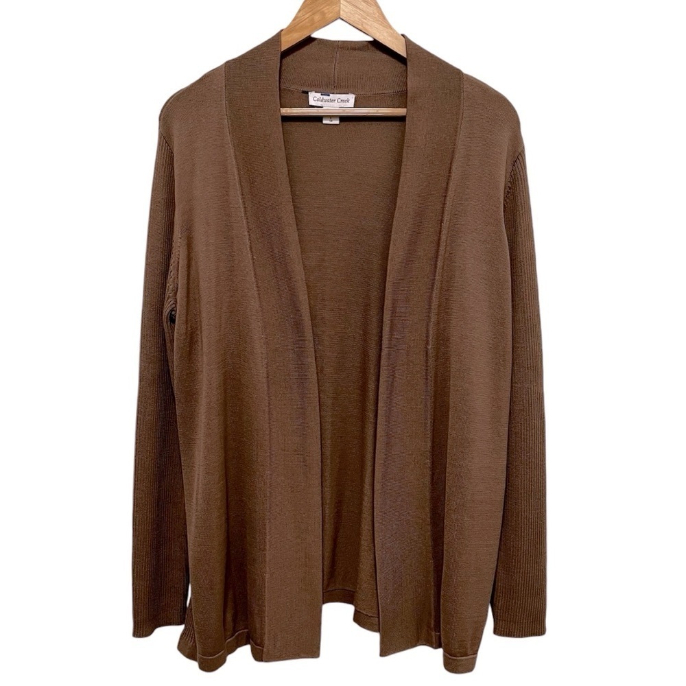 COLDWATER CREEK Silk Blend Long Line Open Cardigan In Mocha Size Large